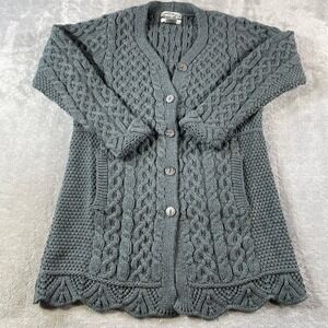 Aran Crafts Cardigan Sweater Womens Medium Gray Ireland Merino Wool Cable Knit